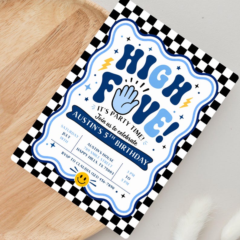 High Five-inbjudan Retro födelsedagsinbjudan Redigerbar Five is a Vibe-födelsedagsinbjudan Pojkars Groovy-inbjudan Pojkars 5-årsdagsinbjudan bild 6