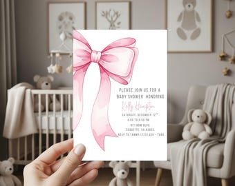 Invito per baby shower con fiocco rosa, elegante invito modificabile con fiocco acquerello, invito per baby shower con fiocco rosa per bambina, baby shower con nastro rosa