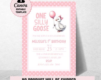 One Silly Goose Birthday Invitation 1st Birthday Party Invite Template  Editable Pink Goose Invite Canva Digital Download Printable Invite