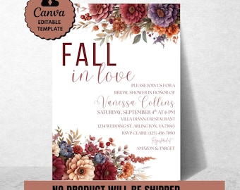 May include: A bridal shower invitation with floral accents in burgundy, orange, and purple. The text reads "Fall in love" and includes event details for Vanessa Collins' shower, including the date, time, and location.