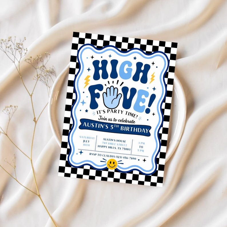 High Five-inbjudan Retro födelsedagsinbjudan Redigerbar Five is a Vibe-födelsedagsinbjudan Pojkars Groovy-inbjudan Pojkars 5-årsdagsinbjudan bild 8