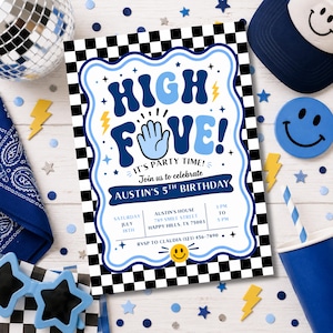 May include: A rectangular birthday invitation card with a black and white checkered border. The center features the text HIGH FIVE! IT'S PARTY TIME! AUSTIN'S 5TH BIRTHDAY, with details for Saturday July 18th, 3 PM to 5 PM, and RSVP info.