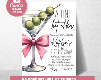 Invitación para el 21 cumpleaños de Tini Bit Older: Invitación a una fiesta de cócteles de martini. Plantilla editable para el 21 cumpleaños. Descarga instantánea. Invitación digital.