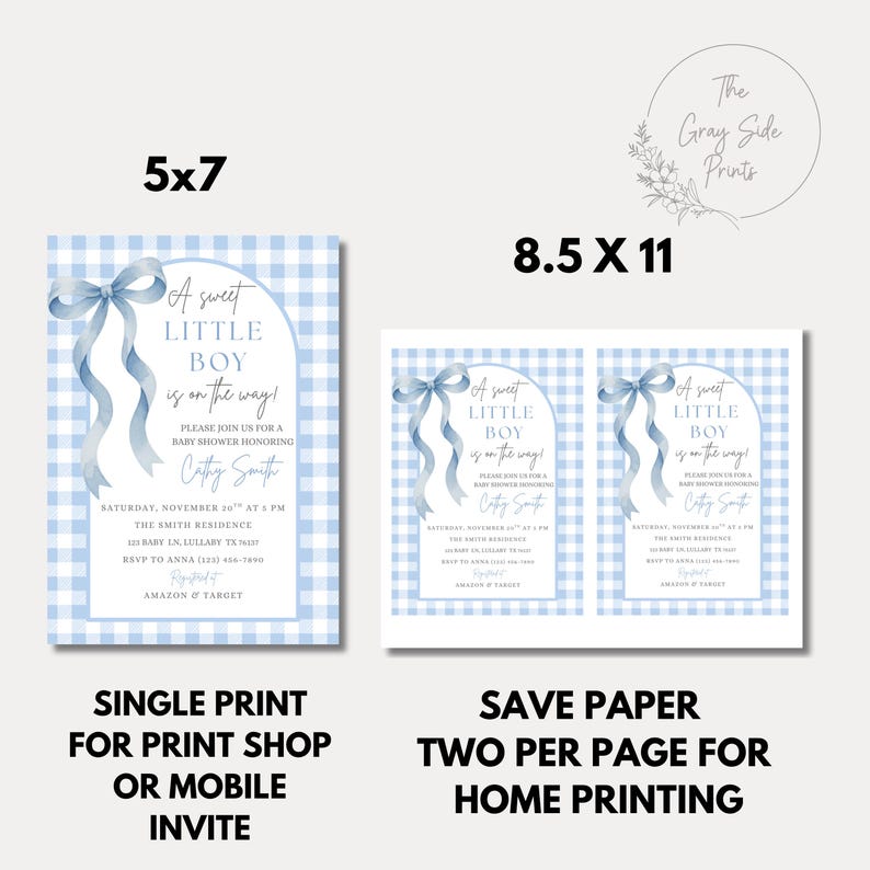 May include: Baby shower invitations with a blue gingham pattern. The cards read "A sweet little boy is on the way!" and include event details. Available in 12.7x17.8 cm and 21.6x27.9 cm sizes.