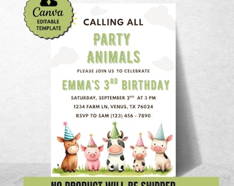 Calling All Party Animals Birthday Invitation Farm Animal Party Invite Editable Barnyard Birthday Template Instant Download Digital Invite