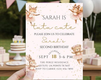 Tutu Cute Birthday Invitation Ballerina 2nd Birthday Invite Two Cute Invite Second Birthday Invitation Girl Ballet Woodland Birthday Invite
