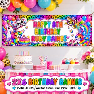 May include: A rectangular birthday banner featuring a rainbow leopard print background with a koala, unicorn, puppy, leopard cub, and kitten wearing party hats. The text reads HAPPY 8TH BIRTHDAY RUBY RAINE in colourful letters with a birthday cake.