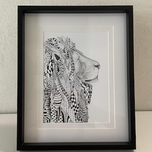 A5 Print - Lion Zentangle | Black & White Minimalist Art | Spirit Animal Poster | Fine Art Ink Drawing Print