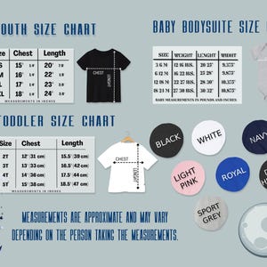 Puede incluir: Tablas de tallas para j&oacute;venes, ni&ntilde;os peque&ntilde;os y bodies de beb&eacute;, con medidas en pulgadas y cent&iacute;metros. Incluye una camiseta negra, una camiseta blanca y un gr&aacute;fico de body de beb&eacute;. Muestras de color: negro, blanco, azul marino, rosa claro, azul real, gris oscuro y gris deportivo.