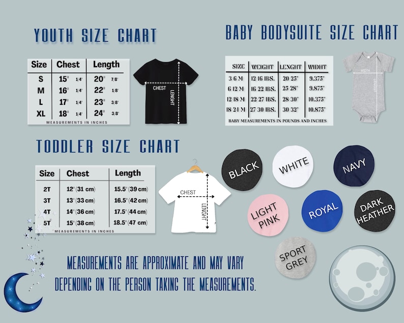 Puede incluir: Tablas de tallas para j&oacute;venes, ni&ntilde;os peque&ntilde;os y bodies de beb&eacute;, con medidas en pulgadas y cent&iacute;metros. Incluye una camiseta negra, una camiseta blanca y un gr&aacute;fico de body de beb&eacute;. Muestras de color: negro, blanco, azul marino, rosa claro, azul real, gris oscuro y gris deportivo.