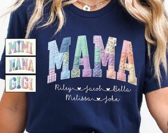Personalized Faux Quilted Mama Shirt, Custom Mama Tee With Kids Names, Mothers Day Gift, Floral Mom T-Shirt
