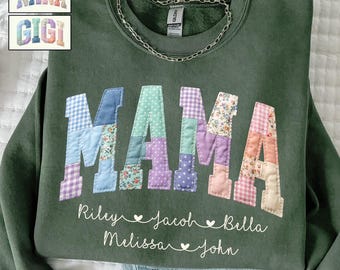 Personalized Faux Quilted Mama Sweatshirt, Custom Mama Sweater With Kids Names, Mothers Day Gift, Floral Mom Sweat