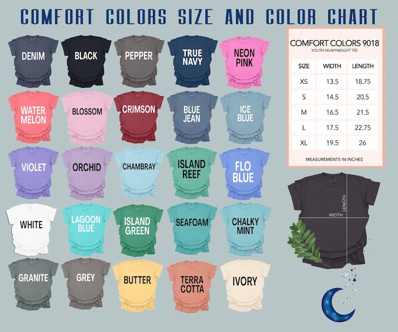 Pu&ograve; includere: Una tabella colori per t-shirt Comfort Colors 9018 per ragazzi. La tabella mostra vari colori di t-shirt, tra cui Denim, Black e Neon Pink. Le misure sono fornite in pollici per le taglie XS a XL. Viene mostrata una t-shirt grigio scuro con misure di larghezza e lunghezza.