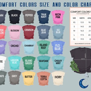 Pode incluir: Um gr&aacute;fico de cores para camisetas Comfort Colors 9018 para jovens. O gr&aacute;fico exibe v&aacute;rias cores de camisetas, incluindo Denim, Black e Neon Pink. As medidas s&atilde;o fornecidas em polegadas para os tamanhos XS a XL. Uma camiseta cinza escuro &eacute; mostrada com indicadores de largura e comprimento.