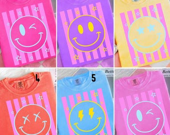 Comfort Colors Summer Smiley Face Striped Shirt, Neon Beach Life Tee, Trendy Sunshine Summer Vibes Shirts, Ocean Coastal Aesthetic T-Shirt