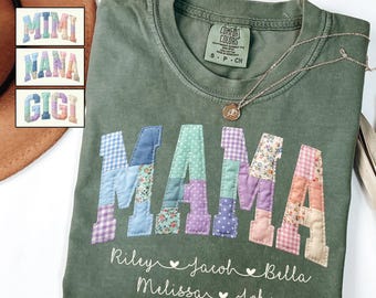 Personalized Faux Quilted Mama Comfort Colors Shirt, Custom Mama Tee With Kids Names, Mothers Day Gift, Floral Mom T-Shirt