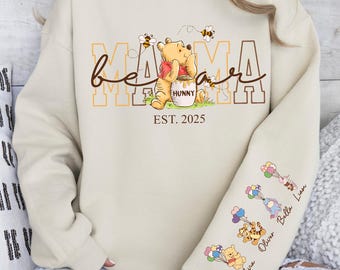 Custom Winnie the Pooh Mama Bear Sweatshirt: Grandma Kid Name Sleeve Sweater Mother’s Day Gift