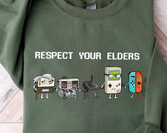 Sudadera vintage "Respeta a tus mayores", suéter retro para videojuegos con control antiguo, regalo divertido para abuelos gamers.
