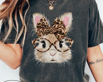 Retro Happy Easter Bunny Comfort Colors Shirt, Coquette Leopard Bunny T-Shirt, Spring Women Tee, Trendy Easter Day Gift