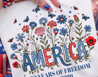 Floral 250th Anniversary Shirt, Wildflower Independence Day Tee, 4th of July Shirt, Floral Patriotic  USA American Flag Shirt