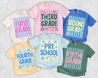 Comfort Colors Personalized Back to School Teacher Shirt, Teacher Team Shirts, Blue  Stripes Pre-K To Fourth Grade Teacher Grade Level Tee