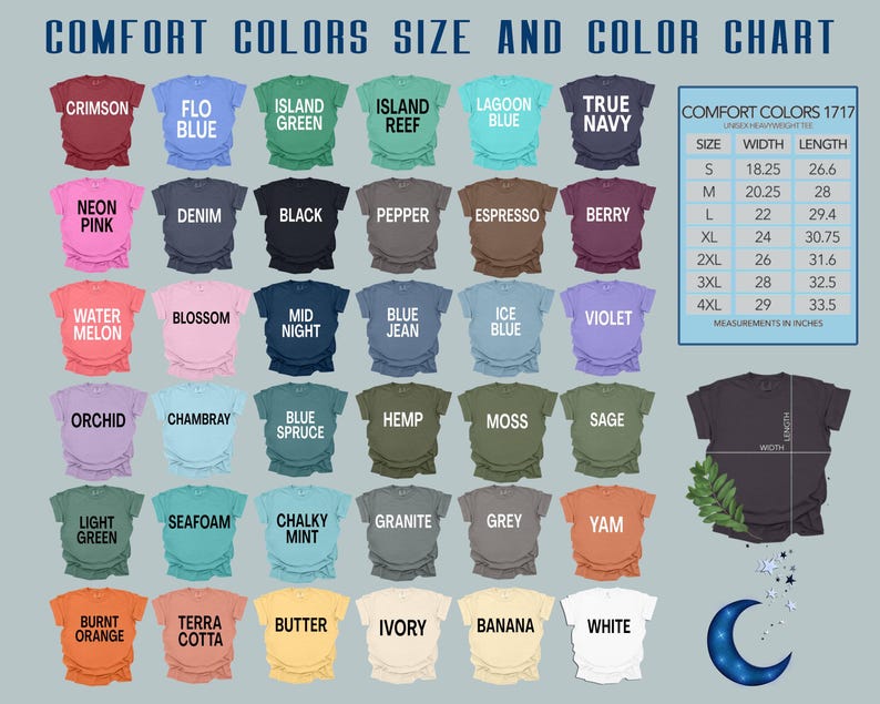 Pu&ograve; includere: Una tabella colori per t-shirt Comfort Colors 1717, che mostra varie tonalit&agrave; come Crimson, Nero e Bianco. La tabella include una guida alle taglie con misure in pollici e un grafico di una t-shirt con indicatori di larghezza e lunghezza.