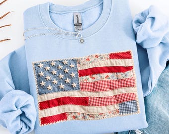 Sudadera con estampado de la bandera estadounidense tipo patchwork, sudadera del 4 de julio, sudadera con cuello redondo del 250 aniversario, regalo para el Día de la Independencia y el Día de la Madre.