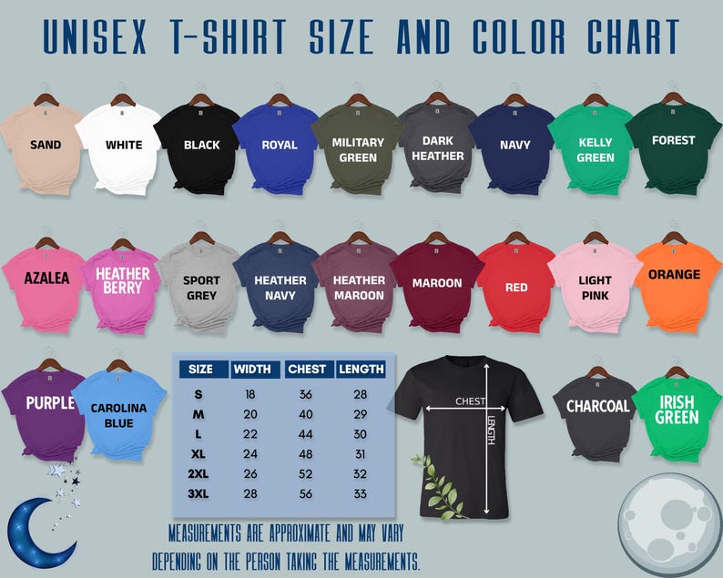 Puede incluir: Un gr&aacute;fico de tallas y colores de camisetas unisex muestra varios colores de camisetas, como arena, blanco, negro y azul real. El gr&aacute;fico incluye una gu&iacute;a de tallas con medidas en cm para ancho, pecho y largo.