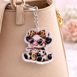 Boujee Highland Cow Keychain Purse Key Ring Clip Coffee Cow KeyRing Charm