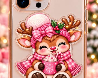 May include: A clear smartphone case featuring a sticker of a brown reindeer wearing a pink and white gingham hat with a pom-pom, a matching scarf, and holding a pink mug filled with hot cocoa topped with marshmallows and a candy cane.