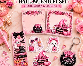 May include: A pink Halloween gift set featuring two square notepads, a bookmark, three die-cut stickers, and a keychain. The items display illustrations of ghosts, pumpkins, witch hats, and cauldrons with the text Good Witch Brew and Magic.