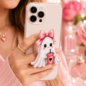 Pingente adesivo Pop Grip para celular Pink Bow Ghost Pop Socket grande de 2,5 polegadas