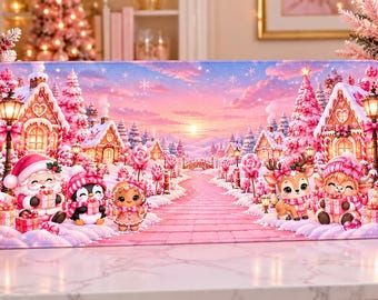 May include: A rectangular desk mat featuring a vibrant pink and purple winter wonderland scene with gingerbread houses, snow-covered trees, Santa Claus, a penguin, a gingerbread person, a deer, and a fawn holding gifts.