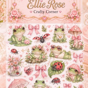 Puede incluir: Una hoja de pegatinas con ilustraciones de ranas verdes, mariquitas, lazos rosas y flores. El encabezado superior muestra el texto Custom Designs by Ellie Rose Crafty Corner. Las ranas aparecen en diferentes poses con accesorios.
