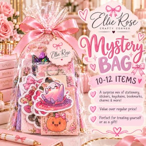 May include: A clear plastic mystery bag tied with a pink ribbon, containing stationery, stickers, keychains, and bookmarks. The bag features a tag labeled Ellie Rose Crafty Corner and a graphic of a ghost and a pumpkin. Text reads Mystery Bag 10-12 Items.