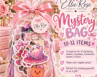 May include: A clear plastic mystery bag tied with a pink ribbon, containing stationery, stickers, keychains, and bookmarks. The bag features a tag labelled Ellie Rose Crafty Corner and a graphic of a ghost and a pumpkin. Text reads Mystery Bag 10-12 Items.