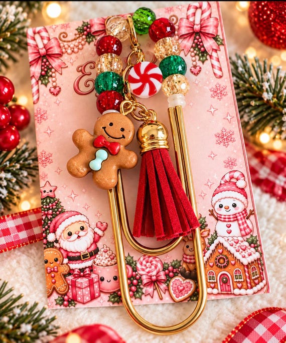 Jumbo Beaded Christmas Bookmark: Gingerbread, Peppermint Tassel Charm (4" Clip)