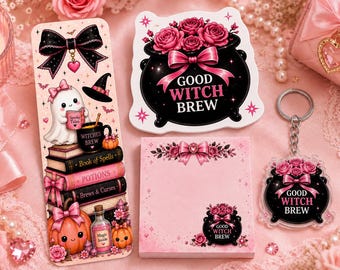 May include: A stationery set featuring a bookmark with a ghost, books, and pumpkins, a square notepad, and a keychain. Each item displays a black cauldron with pink roses and the text "GOOD WITCH BREW" in pink and white lettering on a pink background.