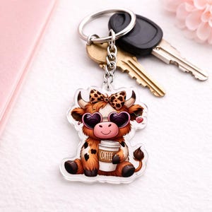 Boujee Highland Cow Keychain Purse Key Ring Clip Coffee Cow KeyRing Charm