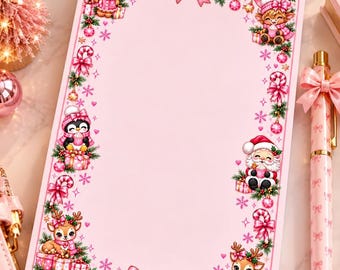 May include: A rectangular notepad with a light pink centre and a decorative border featuring Christmas-themed illustrations including gingerbread people, a penguin, Santa Claus, reindeer, candy canes, pink bows, and snowflakes.