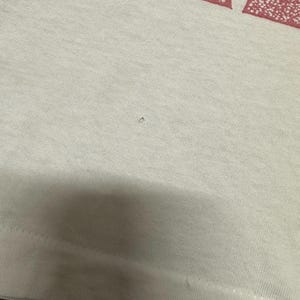 May include: Close-up of a light-coloured t-shirt with a red, distressed text design at the top. The fabric appears to be a soft cotton blend. The bottom hem is visible.