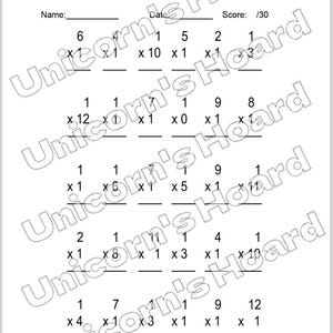 Peut inclure: Une feuille de calcul blanche avec des problèmes de multiplication. Le haut de la feuille a des champs pour le nom, la date et le score. Les problèmes de multiplication sont disposés en lignes et en colonnes.