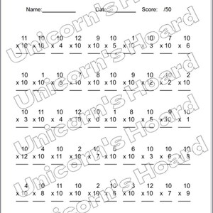 May include: A white worksheet with multiplication problems, featuring the text "Name:" and "Date:" at the top, and a score section. The worksheet is filled with math problems, with the text "Unicorn's Hoard" watermarked across the page.