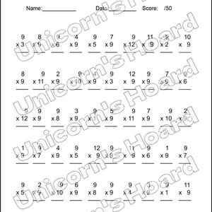 May include: A white worksheet with multiplication problems, featuring the text "Name:" and "Score: /50". The worksheet is designed for educational purposes, likely for a math test or practice.