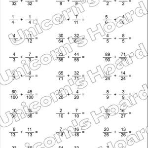May include: A white worksheet with math problems, including fraction addition. The worksheet has the text "Name:" and "Date:" at the top, and the text "Score: /27" in the top right corner. The worksheet is from Unicorn's Hoard.