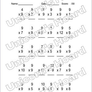 May include: A white multiplication worksheet with math problems. The worksheet includes problems such as 4 x 9, 9 x 2, and 11 x 9. The top of the worksheet has spaces for the name, date, and score.