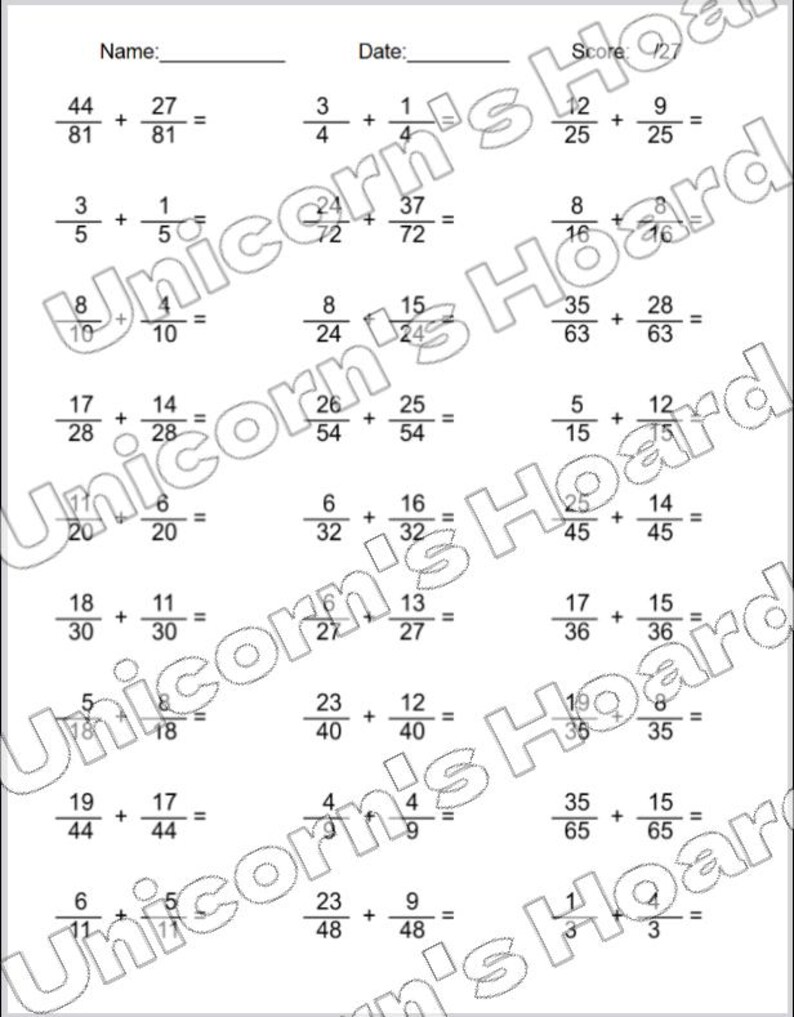 Simple Fraction Addition Printable Worksheets - Etsy