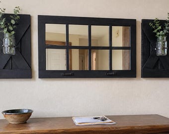 Espejo de ventana de 8 paneles para decoración de pared estilo granja - Espejo rústico para ventana - Espejo rústico - Espejo grande para ventana - Espejo con paneles de ventana