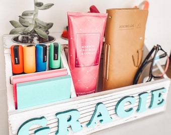 Regalo personalizado, decoración rústica del hogar, organizador de tocador, decoración del baño, regalo para niños, regalos para ella, organización de almacenamiento, nombre personalizado