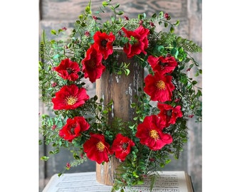 Radiant Red Poppy 24" Wreath - Vibrant Floral Decor for Front Door, Wall, Mantel - Scarlet Flowers, Greenery, Fern, Eucalyptus, Berry Sprigs